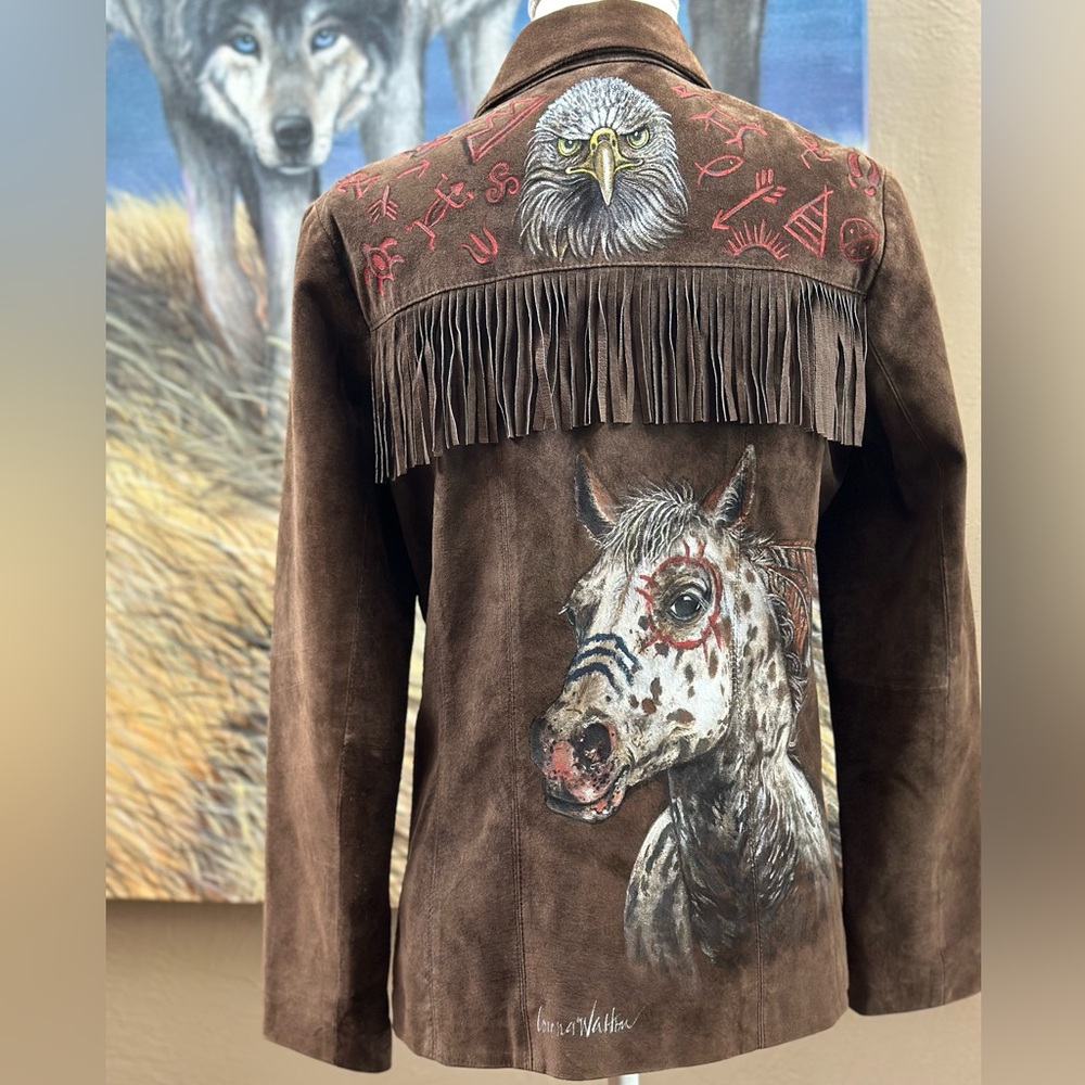 Gorgeous handpainted suede fringe jacket sz SM tribal Southwest horse eagle OOAK - Picture 1 of 12